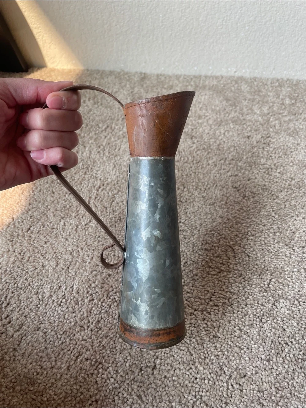 Farmhouse Style Rustic Galvanized Metal Pitcher Vase 8” Copper Accent Cottage
